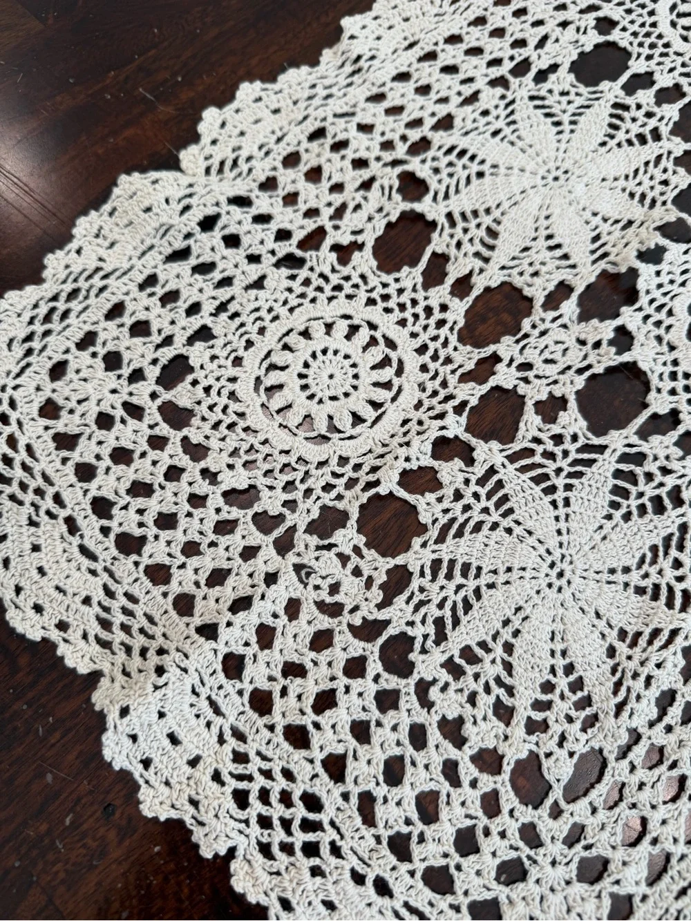 Vintage Hand-Crocheted Cream Table Runner off white 32”x13” floral Cottagecore